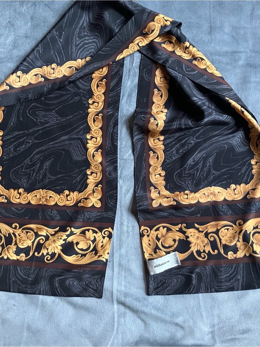 Liz Claiborne Black Silk Scarf with Gold Baroque Print